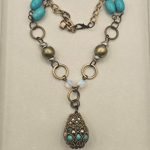 Pam Hiran Jewelry - Bronze & Turquoise Tone Beaded Pendant Necklace 22" Boho Chic Earthy Southwest
